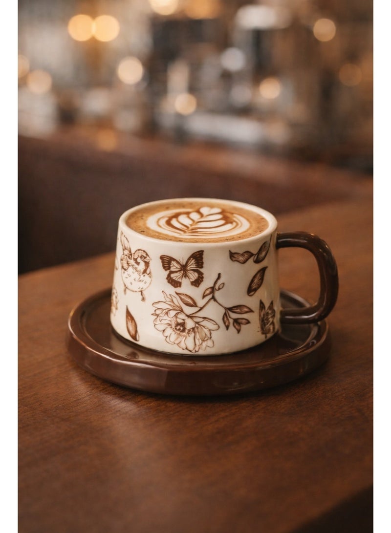 300 مل كوب قهوة سيراميك مع قواعد، كوب إسبريسو، كوب قهوة عربية، كوب قهوة تركية، كوب قهوة بمقبض، قاعدة أكواب للمشروبات، مناسب للشاي والقهوة والماتشا والحليب والكابتشينو - Image 1